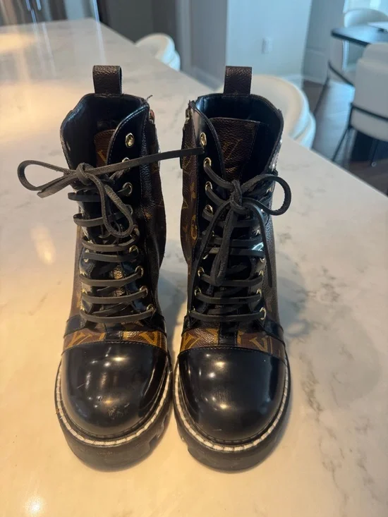 Louis Vuitton Monogram Lace-Up Chunky Heel Ankle Boots - Brown/Black - Picture 4 of 4